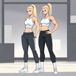 A tall girl with blonde hair, wearing long leather pants and white Nike socks, is depicted alongside her boyfriend