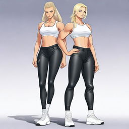 A tall girl with blonde hair, wearing long leather pants and white Nike socks, is depicted alongside her boyfriend