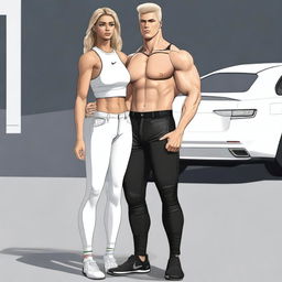 A tall girl with blonde hair, wearing long leather pants and white Nike socks, is depicted alongside her boyfriend