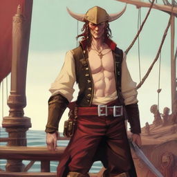 A young sea pirate with a slimmer body and ox horns that are pale yellow transitioning into muddy red