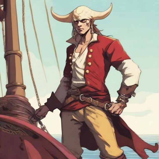 A young sea pirate with a slimmer body and ox horns that are pale yellow transitioning into muddy red