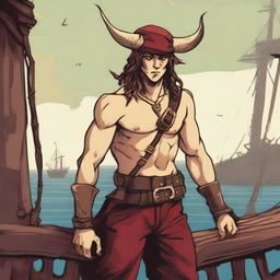 A young sea pirate with a slimmer body and ox horns that are pale yellow transitioning into muddy red