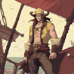 A young sea pirate with a slimmer body and ox horns that are pale yellow transitioning into muddy red