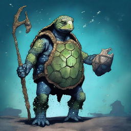 An ancient, weathered turtle man with a shell completely covered in prominent glowing barnacles arranged in constellations like Ursa Major