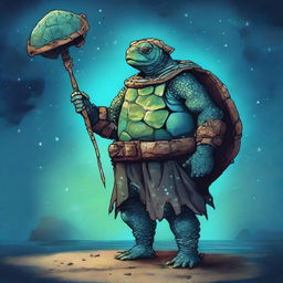 An ancient, weathered turtle man with a shell completely covered in prominent glowing barnacles arranged in constellations like Ursa Major