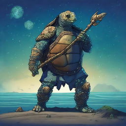 An ancient, weathered turtle man with a shell completely covered in prominent glowing barnacles arranged in constellations like Ursa Major