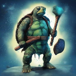 An ancient, weathered turtle man with a shell completely covered in prominent glowing barnacles arranged in constellations like Ursa Major