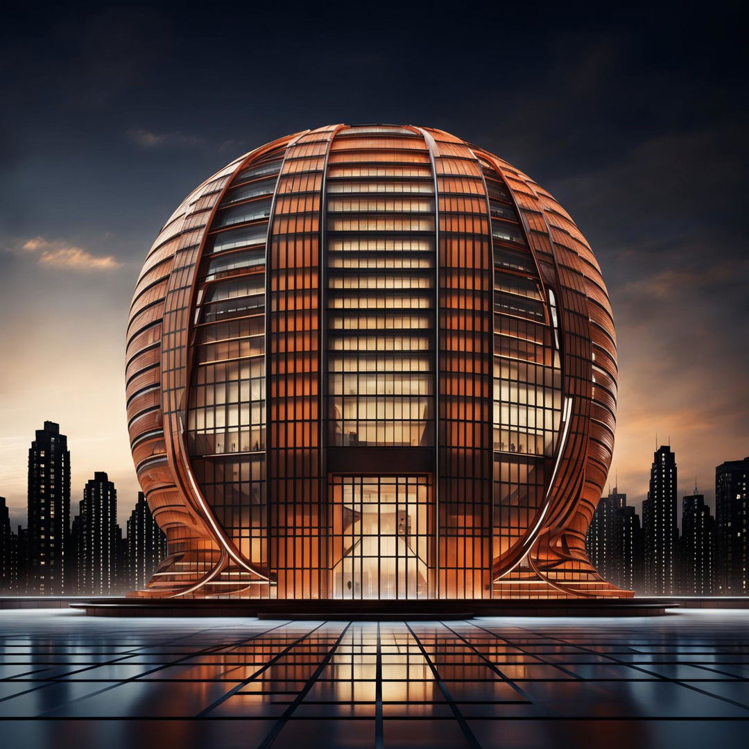 A towering building inspired by basketball with an orange exterior mimicking a ball's texture and black lines forming patterns like seams. The entrance is shaped like a hoop and windows follow patterns of lines on a ball. At night, it glows from within following these patterns.