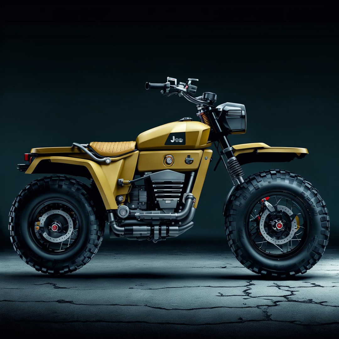 This is a description of a hypothetical Jeep motorbike, featuring the brand's rugged design and off-road capabilities