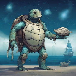 An ancient, weathered turtle man with a shell decorated in glowing barnacles arranged in constellations of the night sky