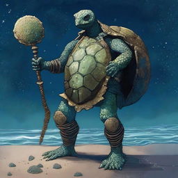 An ancient, weathered turtle man with a shell decorated in glowing barnacles arranged in constellations of the night sky