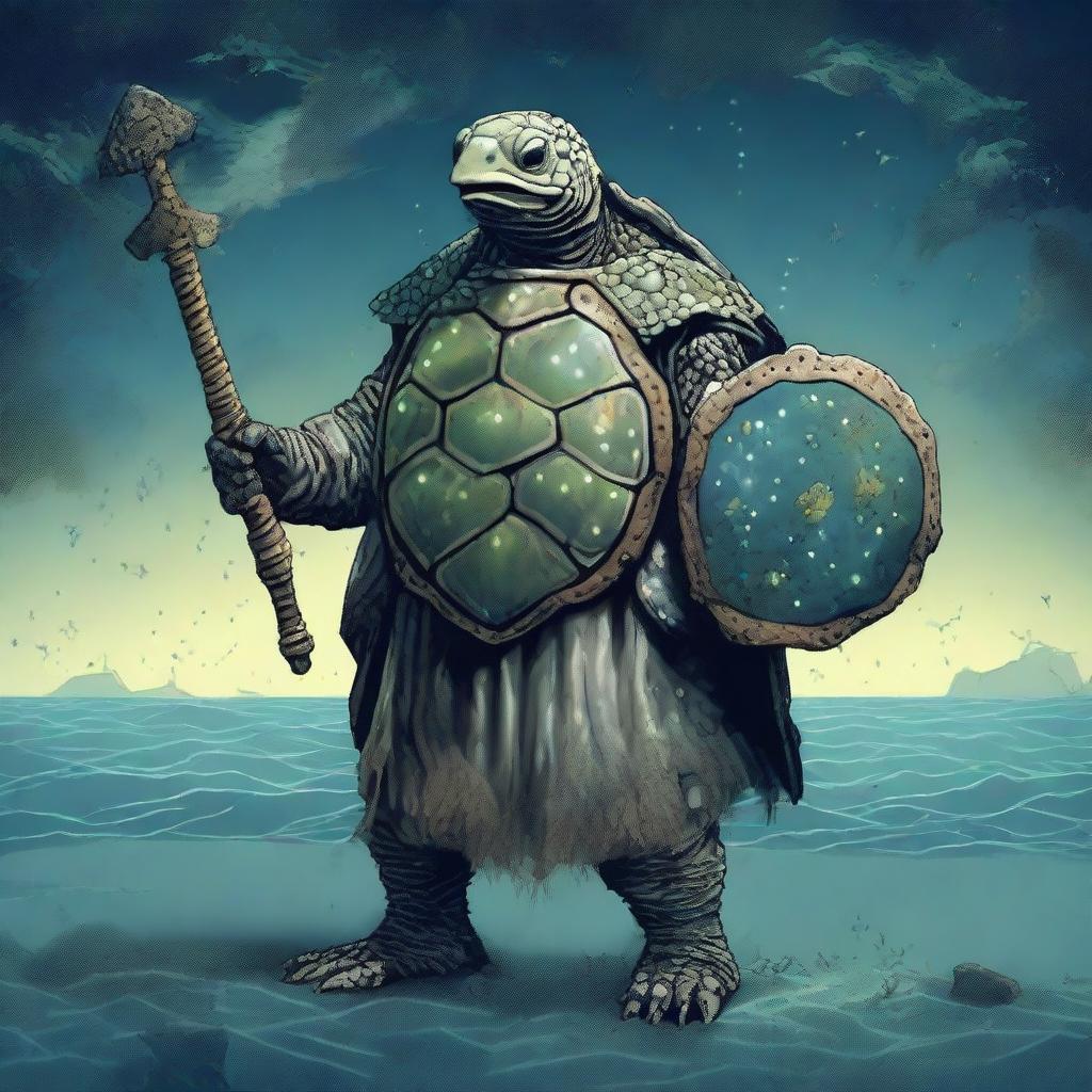 An ancient, weathered turtle man with a shell decorated in glowing barnacles arranged in constellations of the night sky