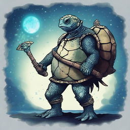 An ancient, weathered turtle man with a shell decorated in glowing barnacles arranged in constellations of the night sky