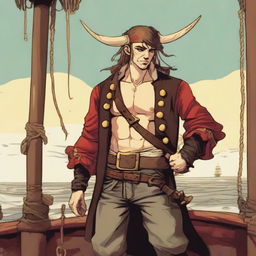 A young sea pirate with a slimmer body and ox horns that are pale yellow transitioning into muddy red