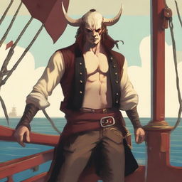 A young sea pirate with a slimmer body and ox horns that are pale yellow transitioning into muddy red