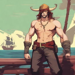 A young sea pirate with a slimmer body and ox horns that are pale yellow transitioning into muddy red