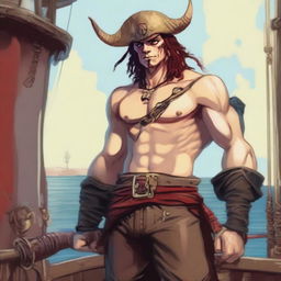 A young sea pirate with a slimmer body and ox horns that are pale yellow transitioning into muddy red