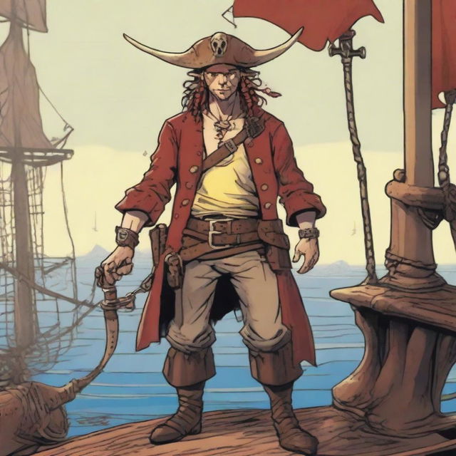 A young sea pirate with a slimmer body and ox horns that are pale yellow transitioning into muddy red