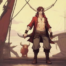 A young sea pirate with a slimmer body and ox horns that are pale yellow transitioning into muddy red