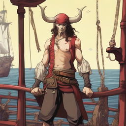 A young sea pirate with a slimmer body and ox horns that are pale yellow transitioning into muddy red