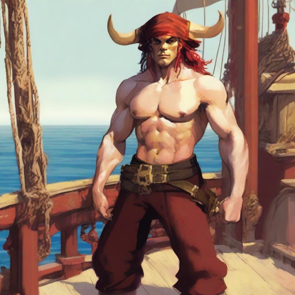 A young sea pirate with a slimmer body and ox horns that are pale yellow transitioning into muddy red