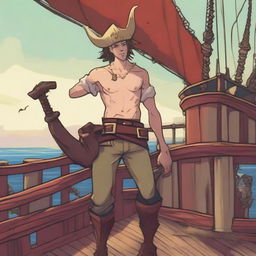 A young sea pirate with a slimmer body and ox horns that are pale yellow transitioning into muddy red