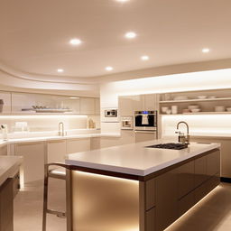 Futuristic, modern kitchen with state-of-the-art appliances, an island countertop, soft white lighting, and sleek cabinets.