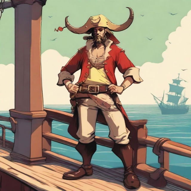 A young sea pirate with a slimmer body and ox horns that are pale yellow transitioning into muddy red