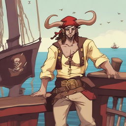 A young sea pirate with a slimmer body and ox horns that are pale yellow transitioning into muddy red