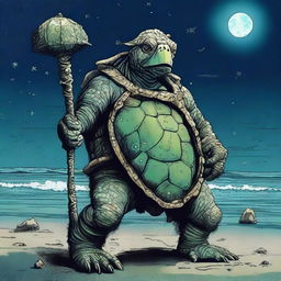 A vivid picture of a tired, ancient, weathered turtle man with a shell decorated in prominent glowing barnacles arranged in constellations of the night sky