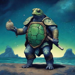 A vivid picture of a tired, ancient, weathered turtle man with a shell decorated in prominent glowing barnacles arranged in constellations of the night sky