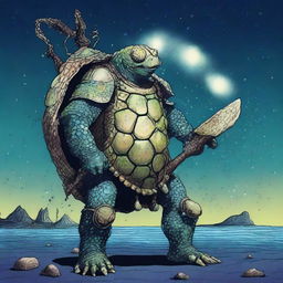 A vivid picture of a tired, ancient, weathered turtle man with a shell decorated in prominent glowing barnacles arranged in constellations of the night sky