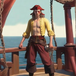 A young sea pirate with a slimmer body and ox horns that are pale yellow transitioning into muddy red