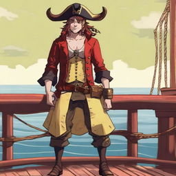 A young sea pirate with a slimmer body and ox horns that are pale yellow transitioning into muddy red