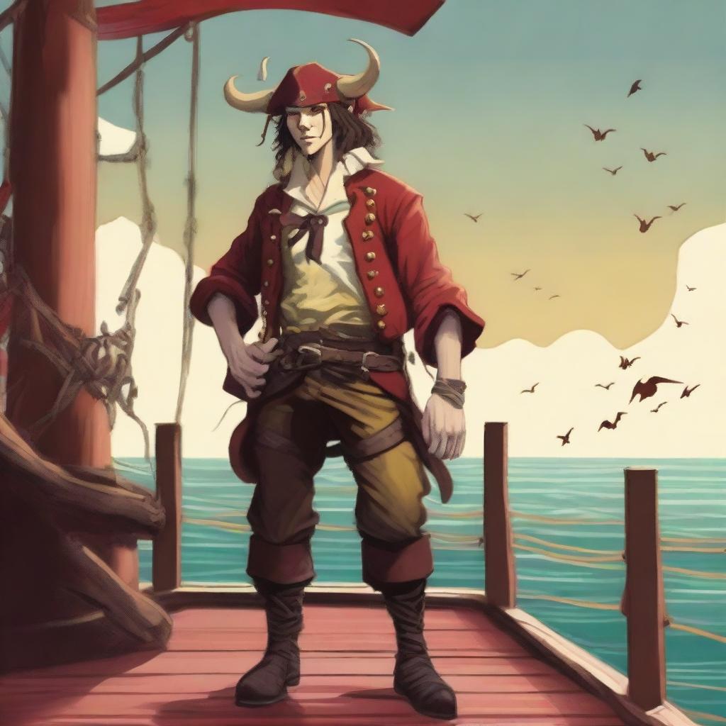 A young sea pirate with a slimmer body and ox horns that are pale yellow transitioning into muddy red