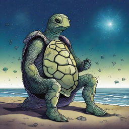 A vivid picture of a tired, ancient, weathered turtle man with a shell decorated in prominent glowing barnacles arranged in constellations of the night sky that glow brightly