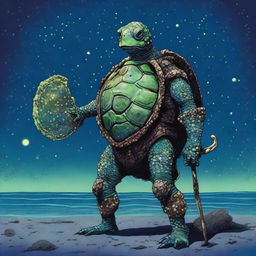 A vivid picture of a tired, ancient, weathered turtle man with a shell decorated in prominent glowing barnacles arranged in constellations of the night sky that glow brightly