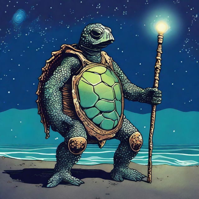 A vivid picture of a tired, ancient, weathered turtle man with a shell decorated in prominent glowing barnacles arranged in constellations of the night sky that glow brightly