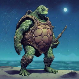 A vivid picture of a tired, ancient, weathered turtle man with a shell decorated in prominent glowing barnacles arranged in constellations of the night sky that glow brightly