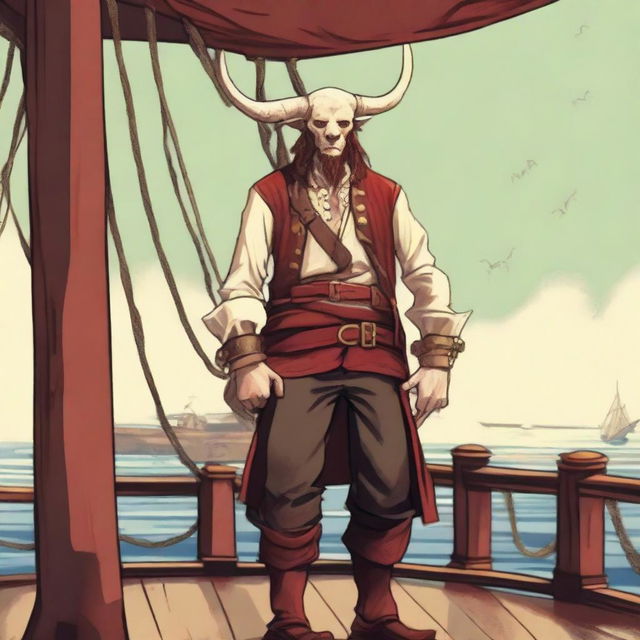 A young sea pirate with a slimmer body, ox horns that are pale yellow transitioning into muddy red