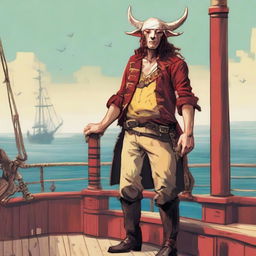 A young sea pirate with a slimmer body, ox horns that are pale yellow transitioning into muddy red