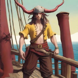 A young sea pirate with a slimmer body, ox horns that are pale yellow transitioning into muddy red