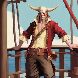 A young sea pirate with a slimmer body, ox horns that are pale yellow transitioning into muddy red