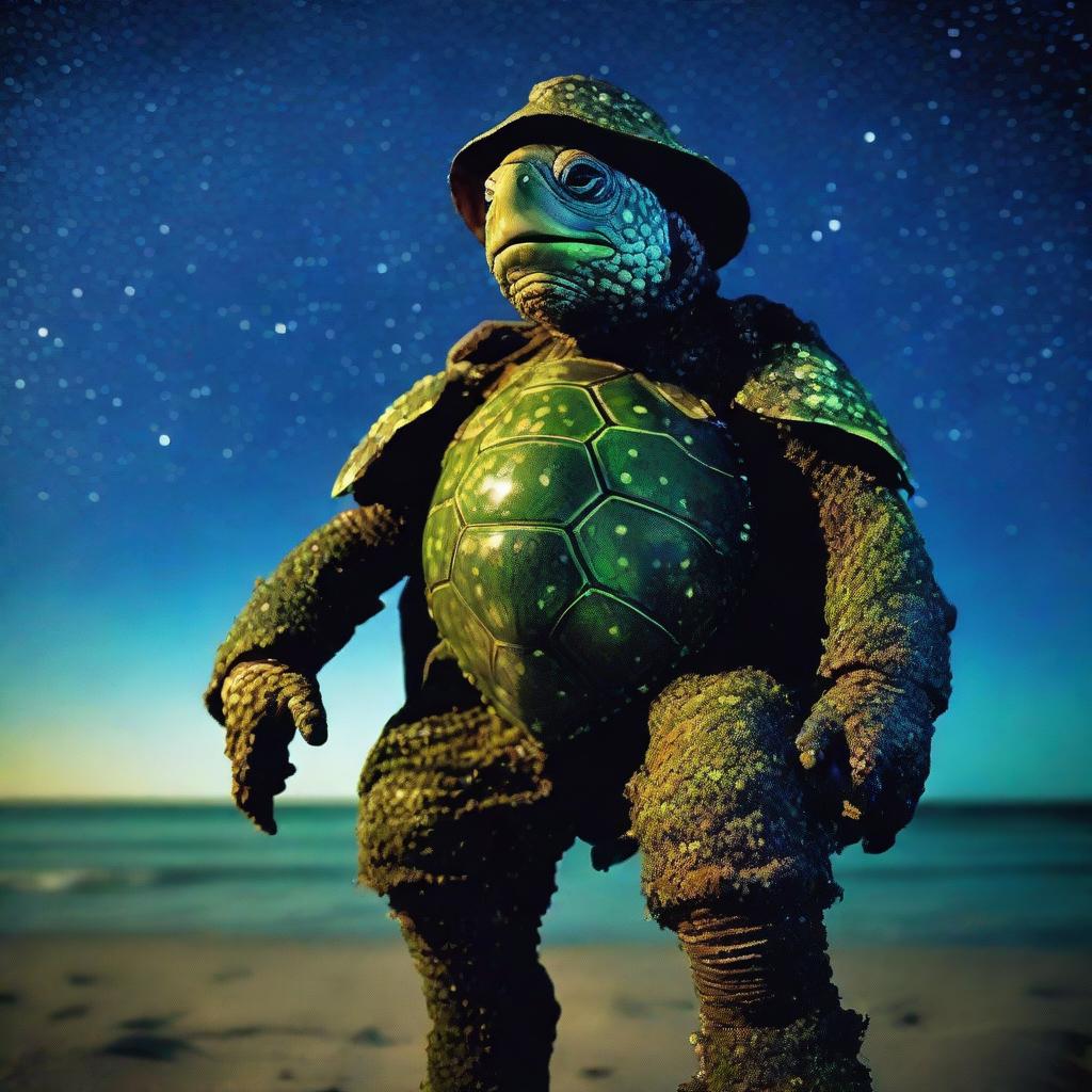 A vivid raw photograph of a tired, ancient, weathered turtle man with a shell that is decorated in prominent glowing barnacles arranged in constellations of the night sky that glow brightly