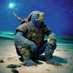 A vivid raw photograph of a tired, ancient, weathered turtle man with a shell that is decorated in prominent glowing barnacles arranged in constellations of the night sky that glow brightly