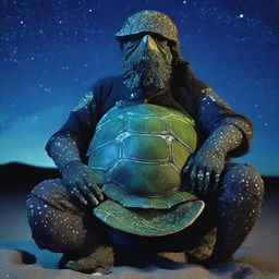 A vivid raw photograph of a tired, ancient, weathered turtle man with a shell that is decorated in prominent glowing barnacles arranged in constellations of the night sky that glow brightly