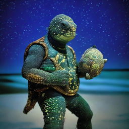 A vivid raw photograph of a tired, ancient, weathered turtle man with a shell that is decorated in prominent glowing barnacles arranged in constellations of the night sky that glow brightly