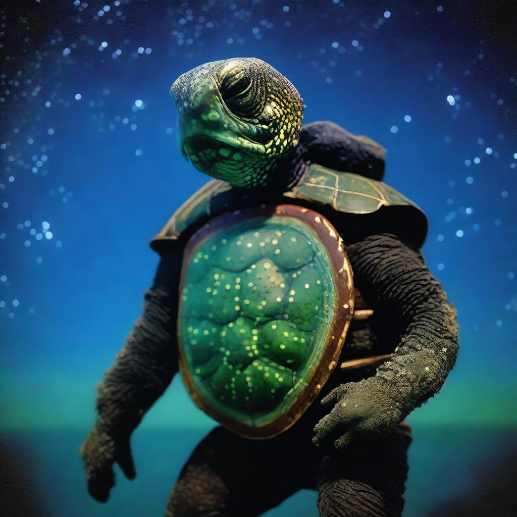 A vivid raw photograph of a tired, ancient, weathered turtle man with a shell decorated in prominent glowing barnacles