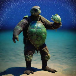 A vivid raw photograph of a tired, ancient, weathered turtle man with a shell decorated in prominent glowing barnacles