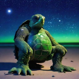 A vivid raw photograph of a tired, ancient, weathered turtle man with a shell decorated in prominent glowing barnacles